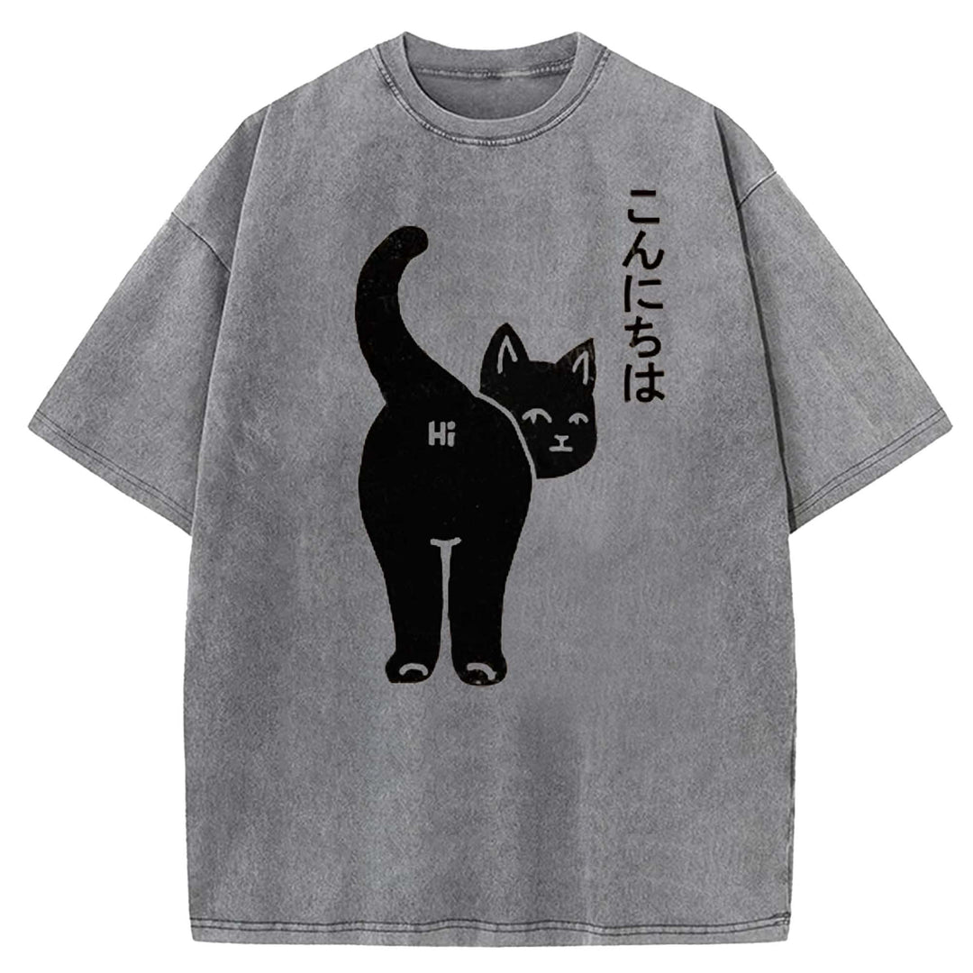 Funny Cat Washed Crew Neck T-shirt