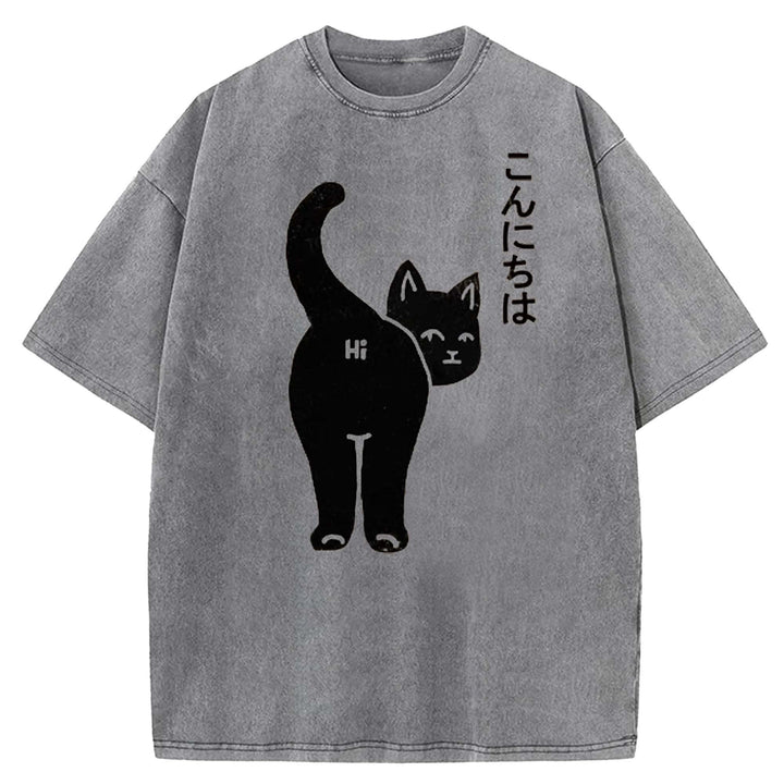 Funny Cat Washed Crew Neck T-shirt