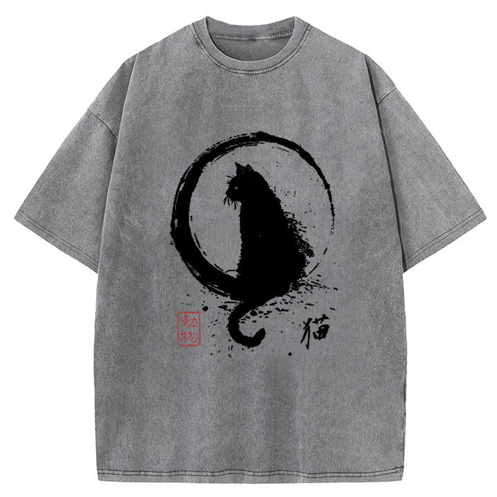 Ink Painted Cat Washed Crew Neck T-Shirt