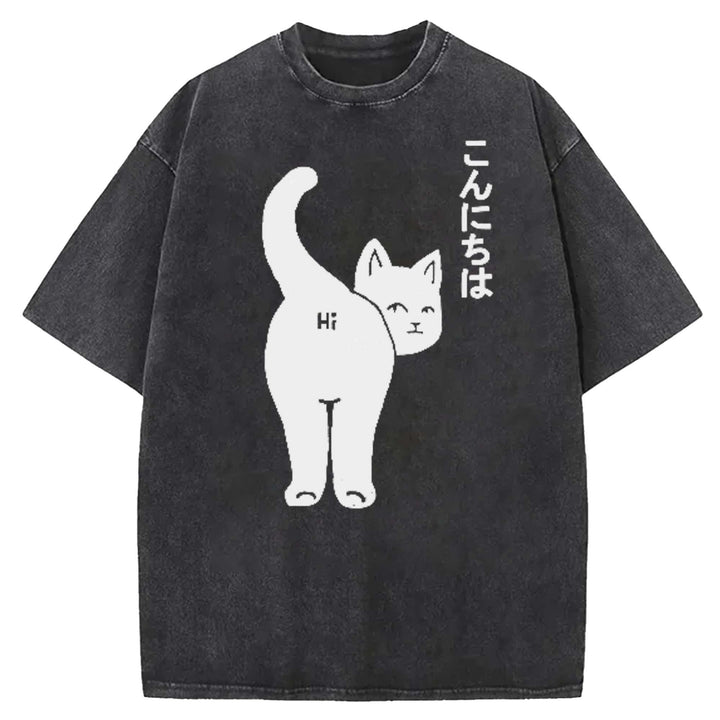 Funny Cat Washed Crew Neck T-shirt