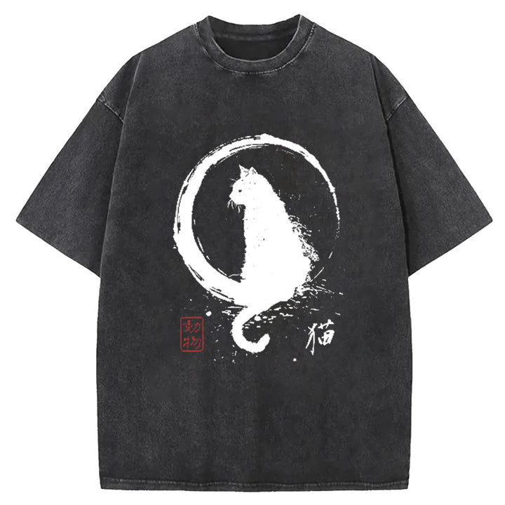 Ink Painted Cat Washed Crew Neck T-Shirt