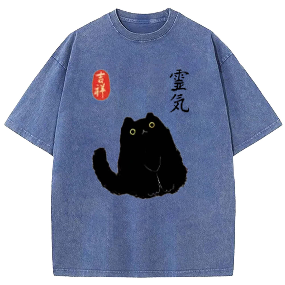 Retro Cartoon Black Cat Washed Crew Neck T-shirt
