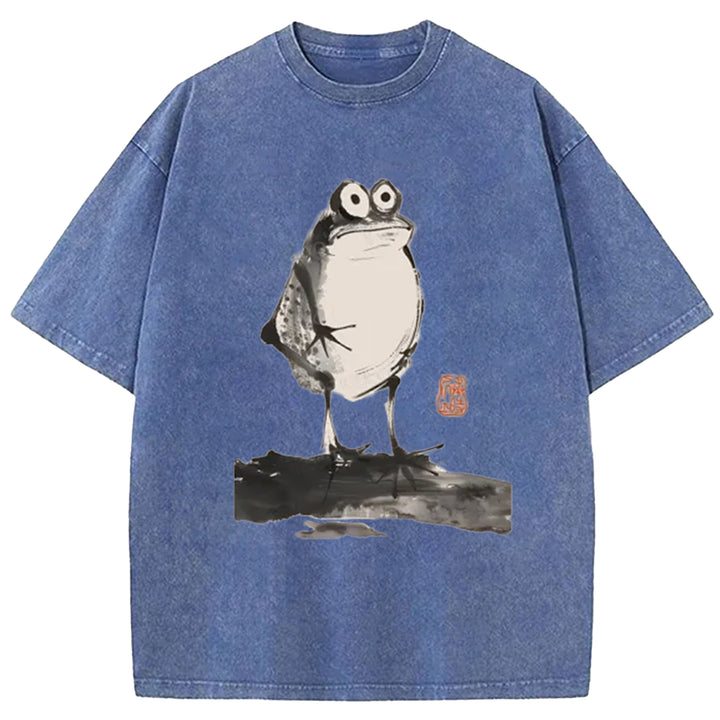 Funny Frog Jump Washed Crew Neck T-Shirt
