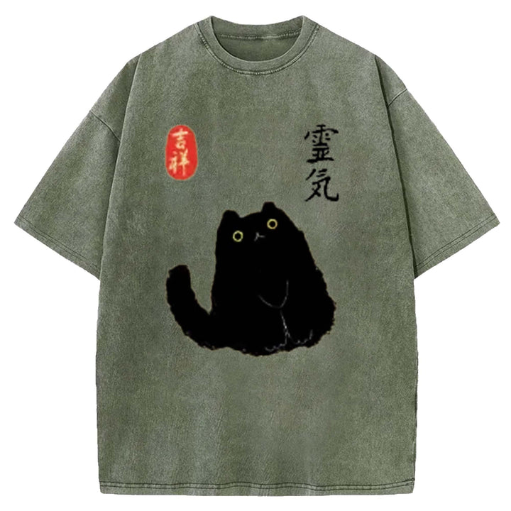 Retro Cartoon Black Cat Washed Crew Neck T-shirt