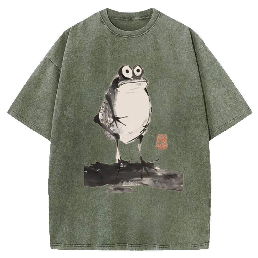 Funny Frog Jump Washed Crew Neck T-Shirt