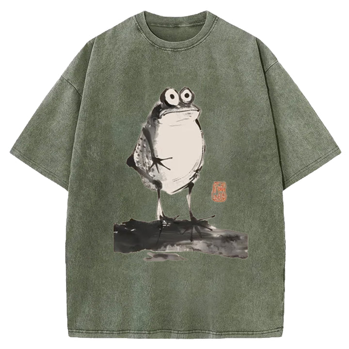 Funny Frog Jump Washed Crew Neck T-Shirt