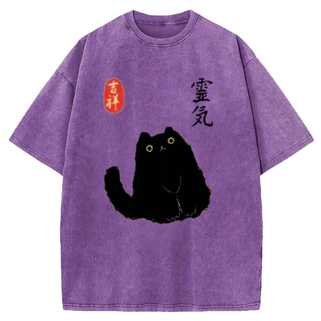 Retro Cartoon Black Cat Washed Crew Neck T-shirt