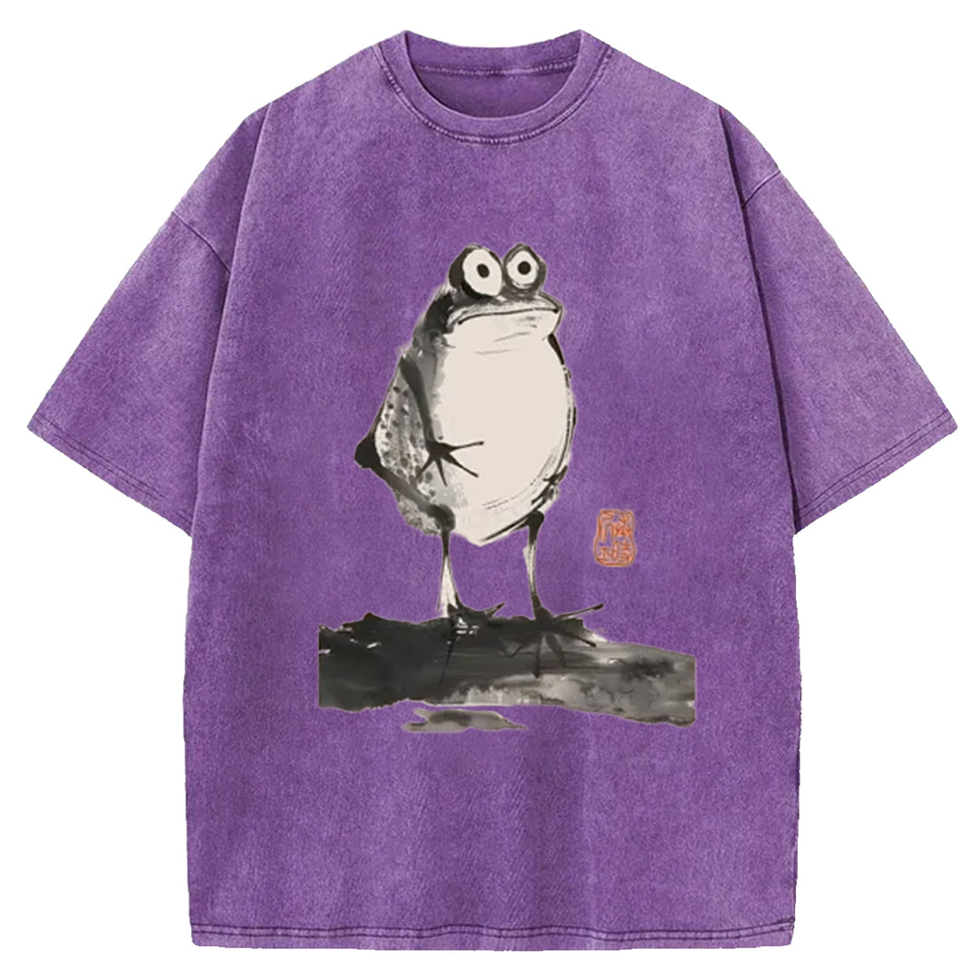 Funny Frog Jump Washed Crew Neck T-Shirt