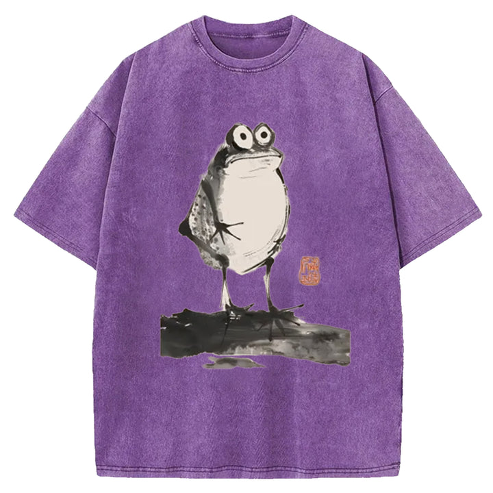 Funny Frog Jump Washed Crew Neck T-Shirt