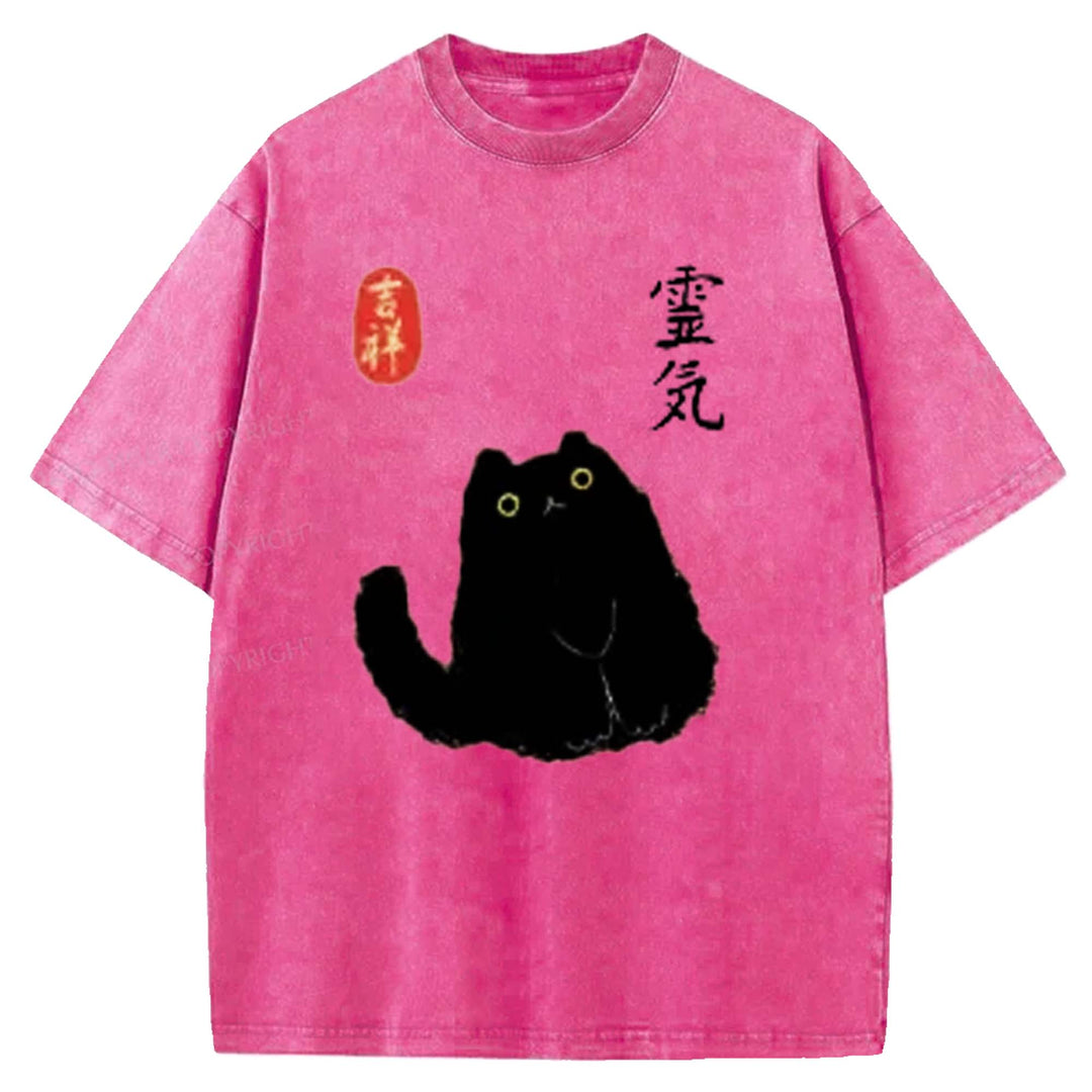 Retro Cartoon Black Cat Washed Crew Neck T-shirt