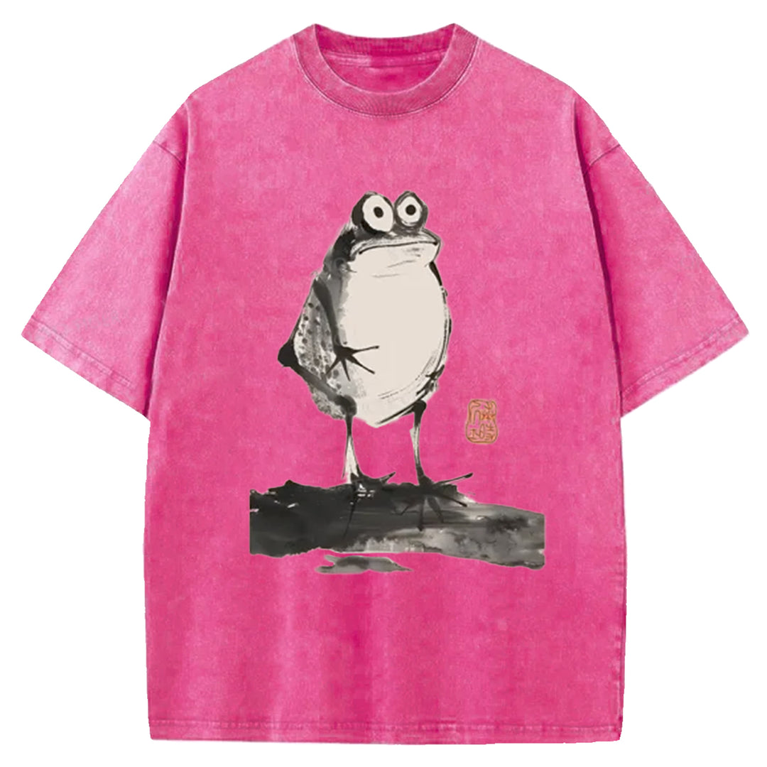 Funny Frog Jump Washed Crew Neck T-Shirt