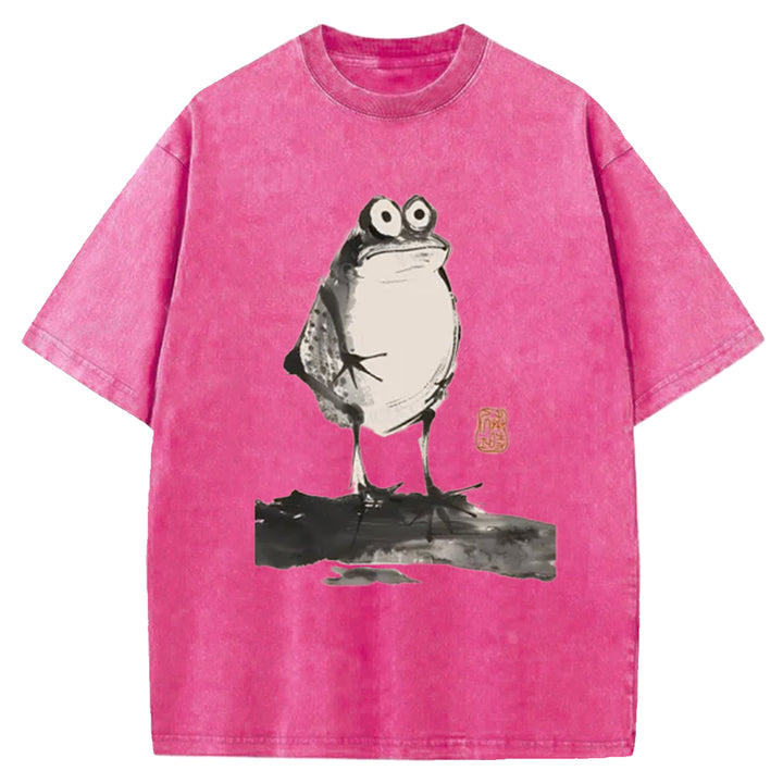 Funny Frog Jump Washed Crew Neck T-Shirt
