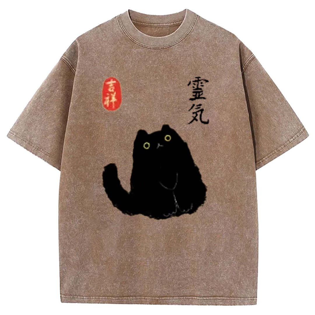 Retro Cartoon Black Cat Washed Crew Neck T-shirt