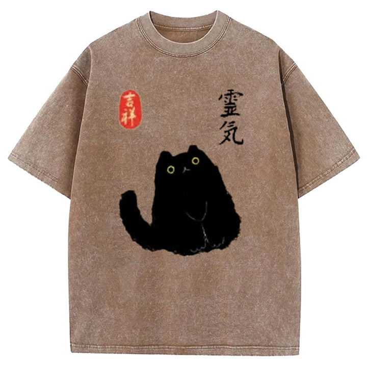 Retro Cartoon Black Cat Washed Crew Neck T-shirt