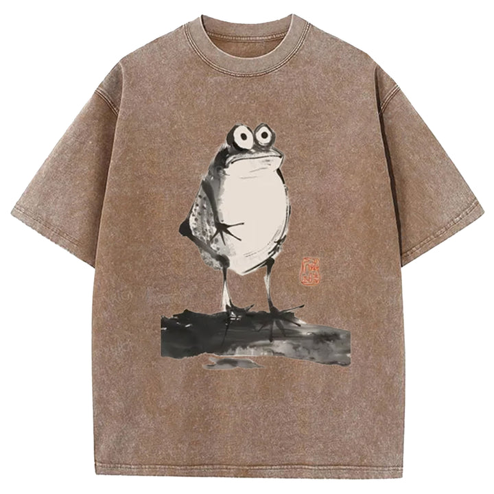 Funny Frog Jump Washed Crew Neck T-Shirt