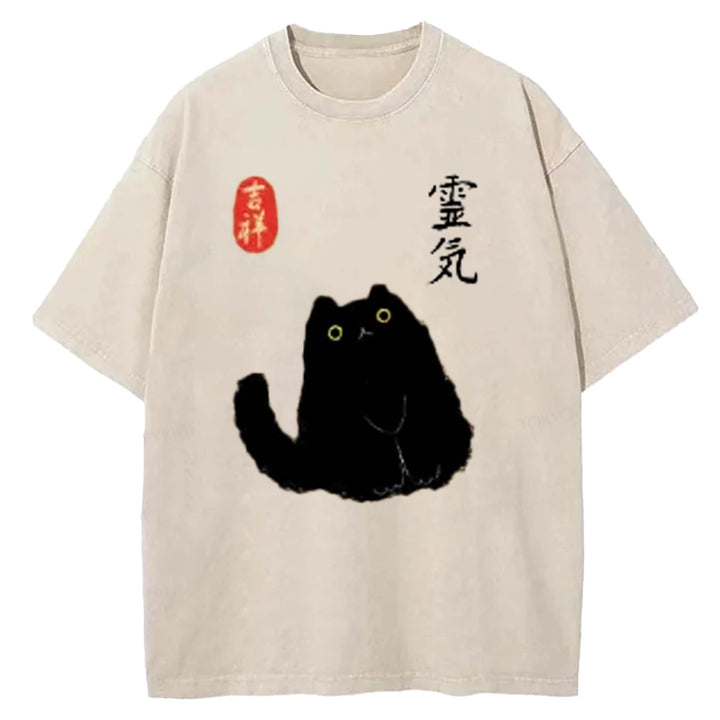Retro Cartoon Black Cat Washed Crew Neck T-shirt