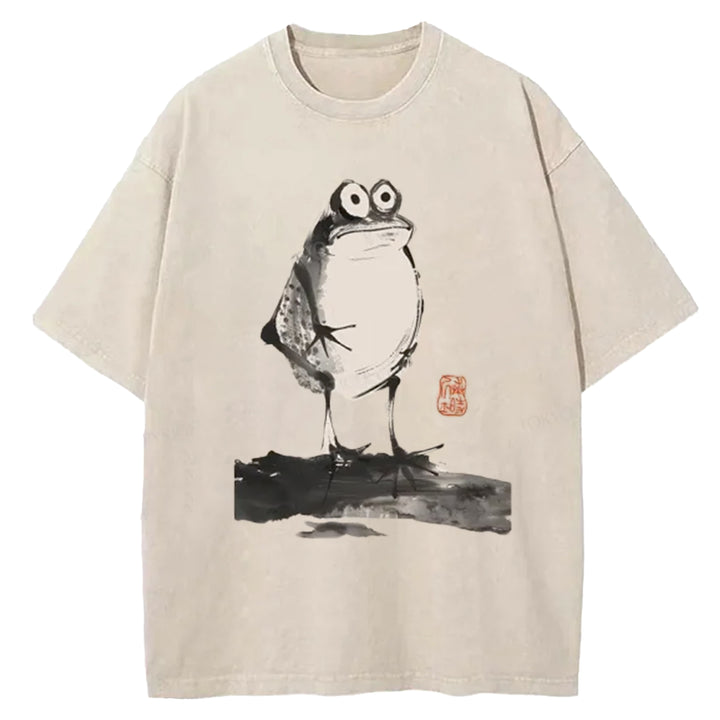 Funny Frog Jump Washed Crew Neck T-Shirt