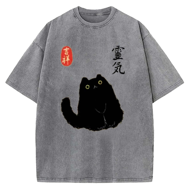 Retro Cartoon Black Cat Washed Crew Neck T-shirt