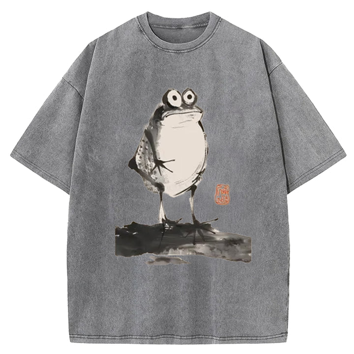 Funny Frog Jump Washed Crew Neck T-Shirt