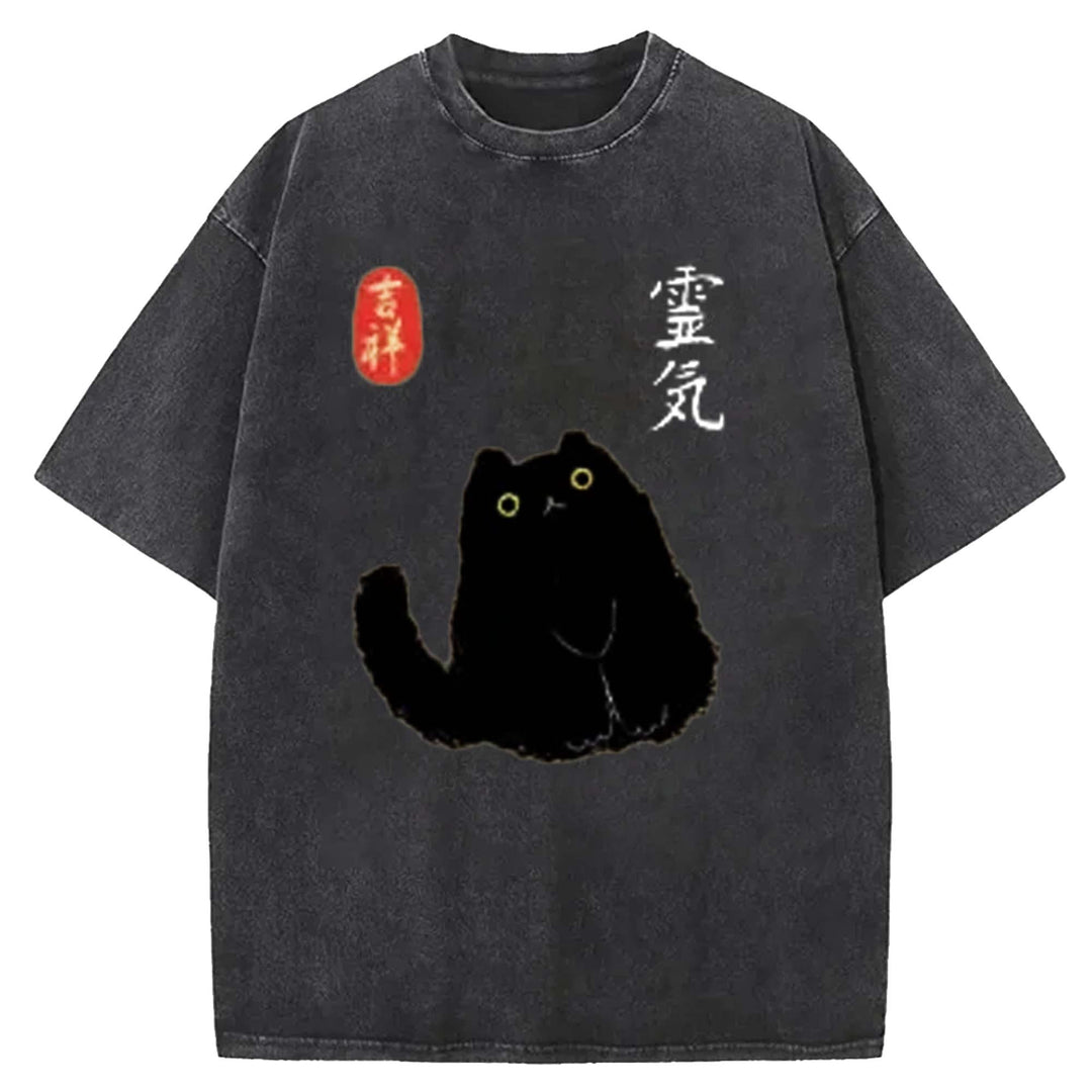 Retro Cartoon Black Cat Washed Crew Neck T-shirt