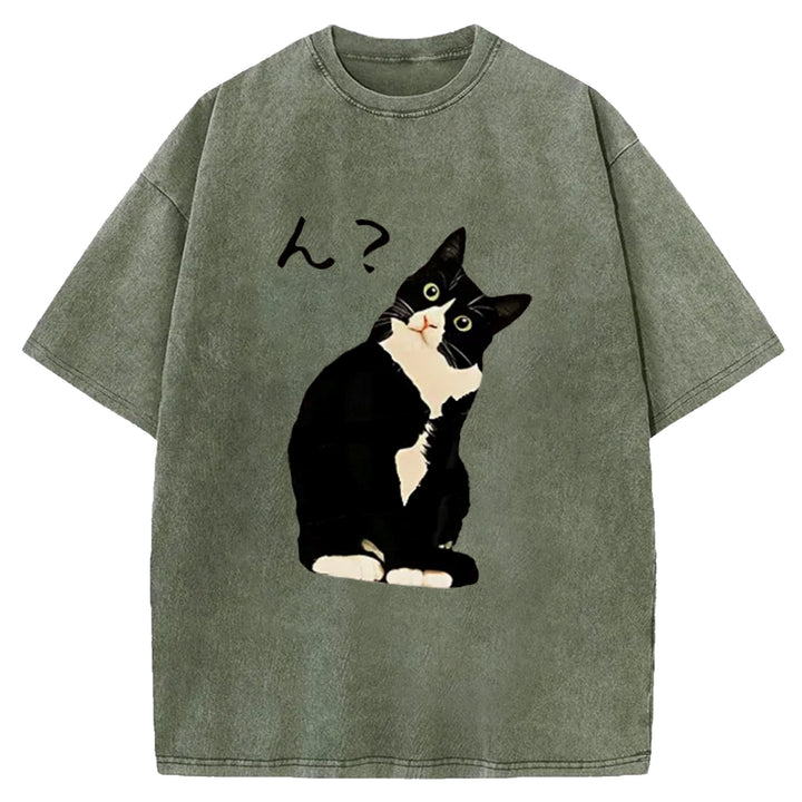 Suspicious Cat Japanese Washed Crew Neck T-Shirt