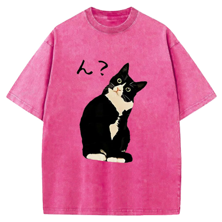 Suspicious Cat Japanese Washed Crew Neck T-Shirt