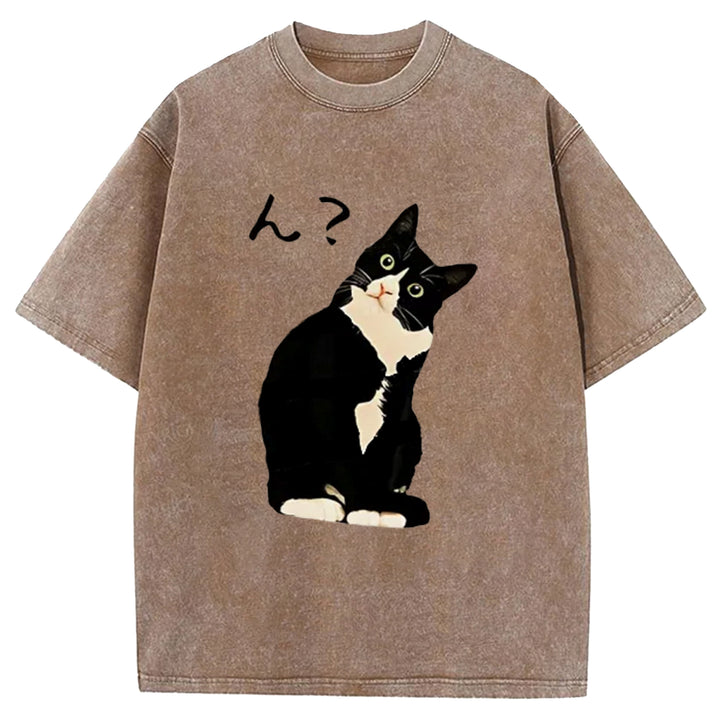 Suspicious Cat Japanese Washed Crew Neck T-Shirt