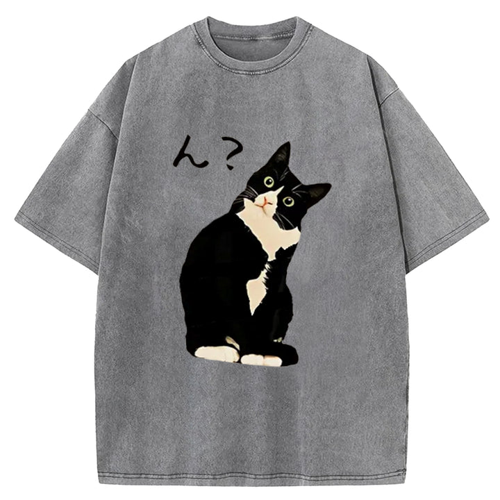 Suspicious Cat Japanese Washed Crew Neck T-Shirt