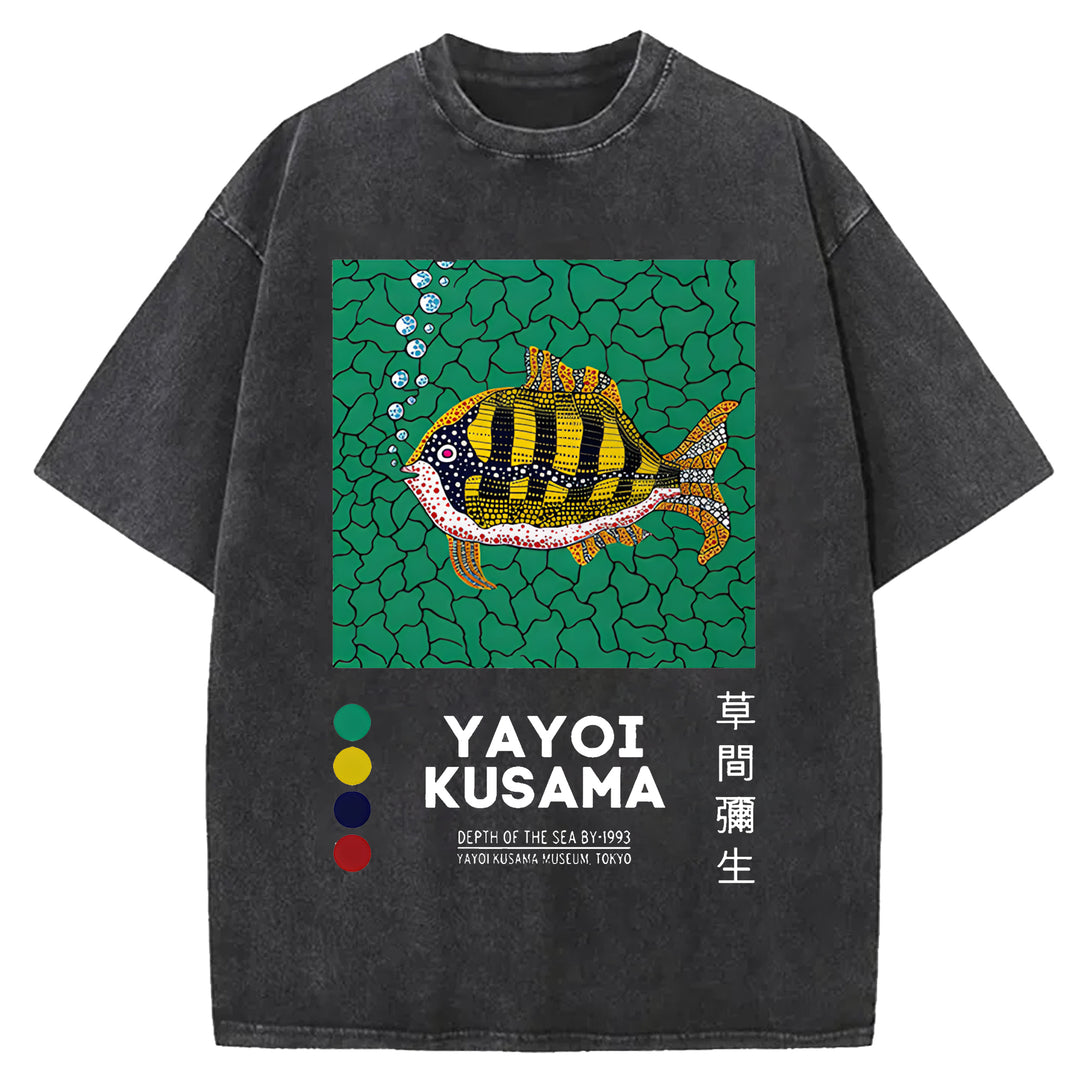 Yayoi Kusama Flower Vintage Japanese Design Washed Crew Neck T-Shirt