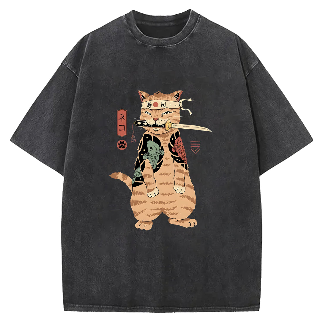 Japanese Samurai Cat Washed Crew Neck T-Shirt