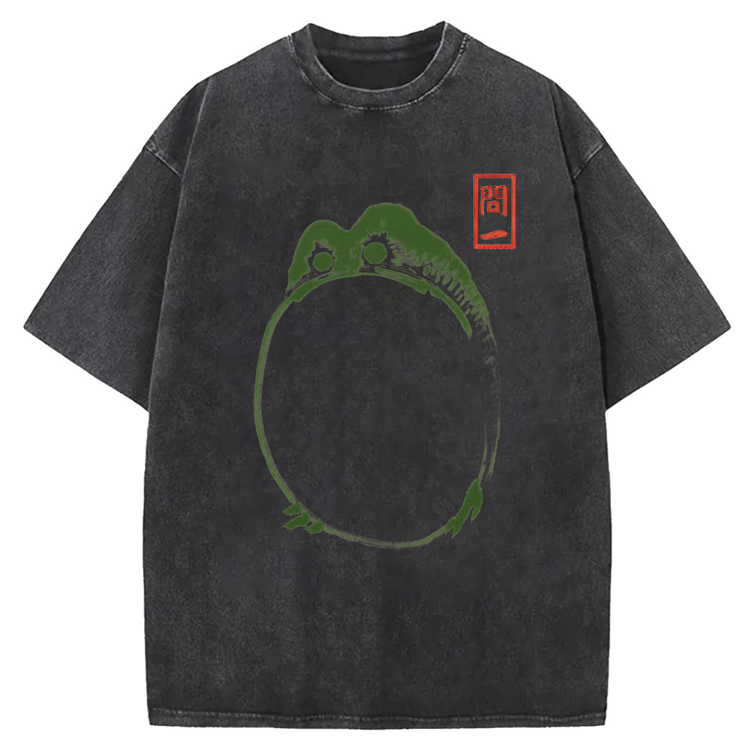 Retro Frog Design Washed Crew Neck T-Shirt