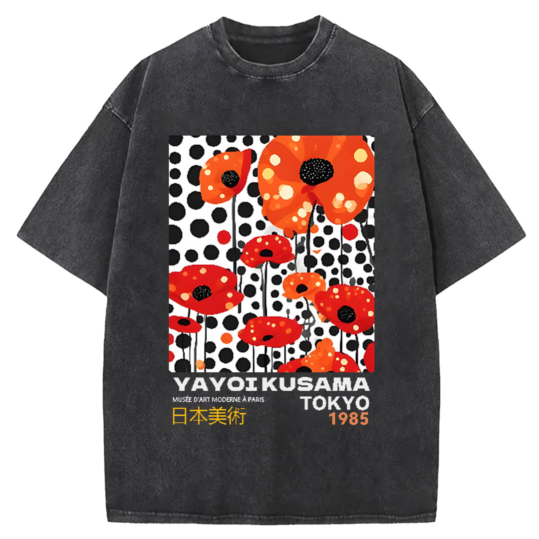 Yayoi Kusama Flower Vintage Japanese Design Washed Crew Neck T-Shirt