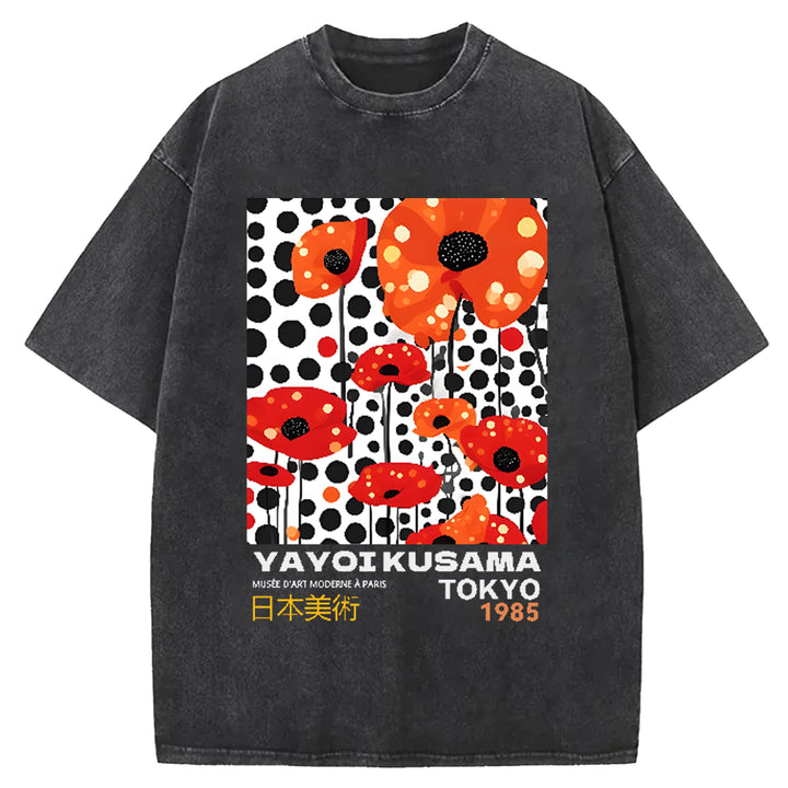 Yayoi Kusama Flower Vintage Japanese Design Washed Crew Neck T-Shirt