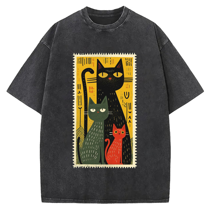 Vintage Cat Design Washed Crew Neck T-Shirt