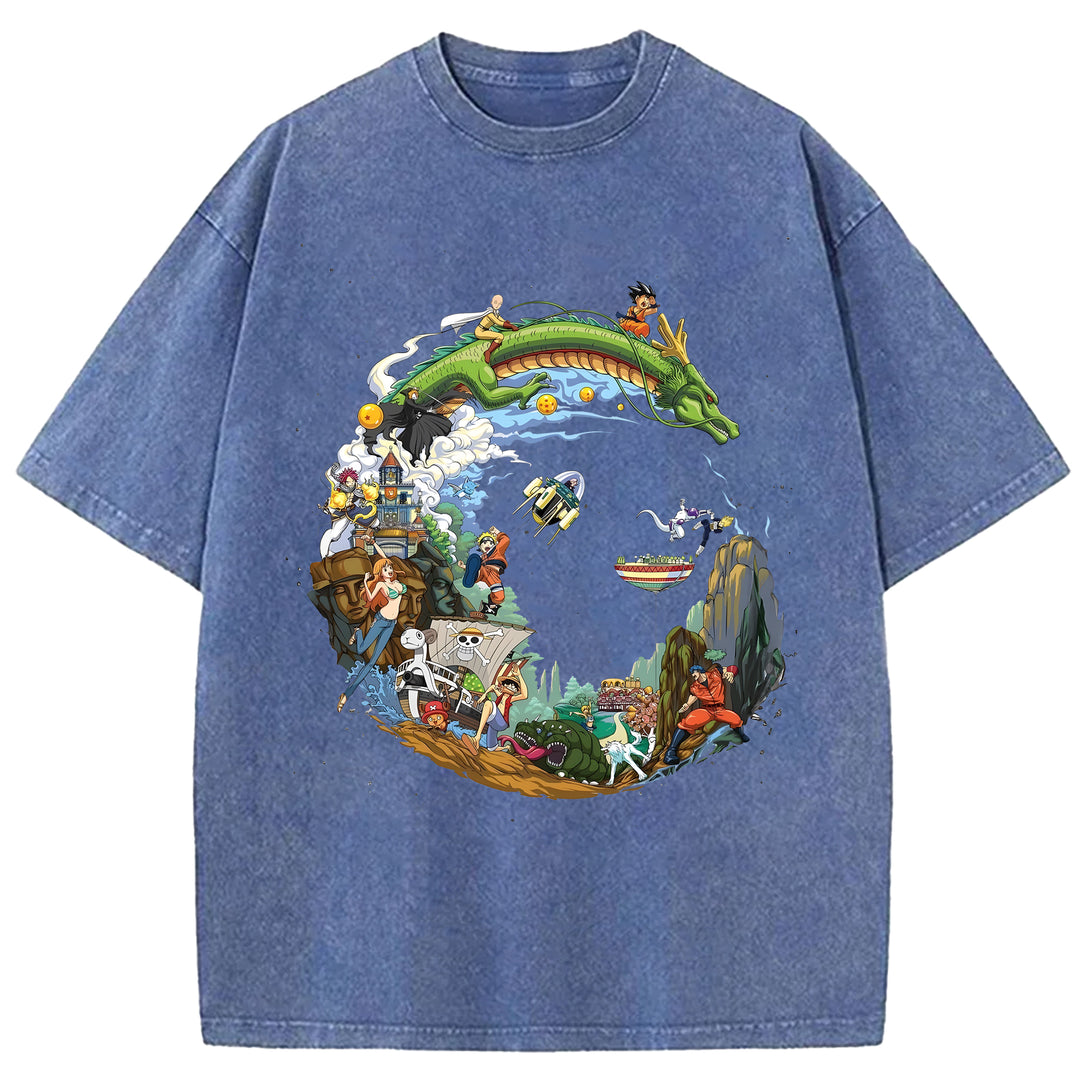 Japanese Anime Collection Washed Crew Neck T-Shirt