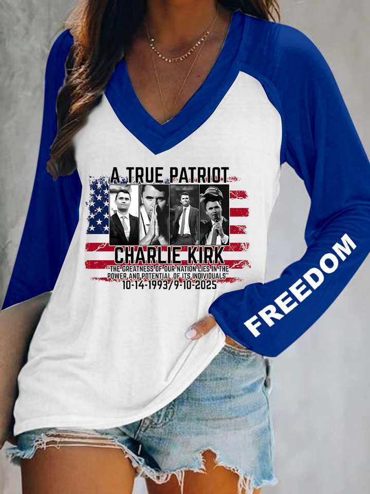 A True Patriot Charkie Kirk Print V-Neck Long Sleeve Top