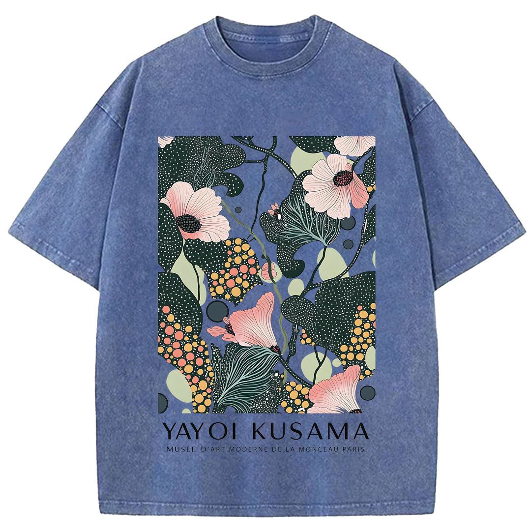 Yayoi Kusama Flower Vintage Design Washed Crew Neck T-Shirt