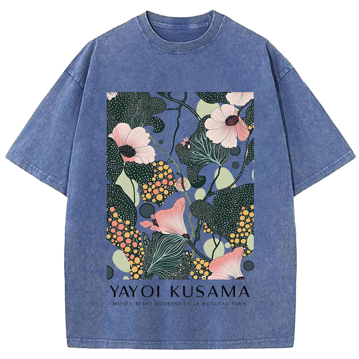 Yayoi Kusama Flower Vintage Design Washed Crew Neck T-Shirt