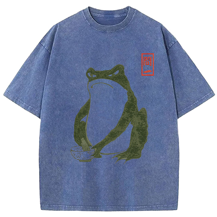 Retro Frog Design Washed Crew Neck T-Shirt