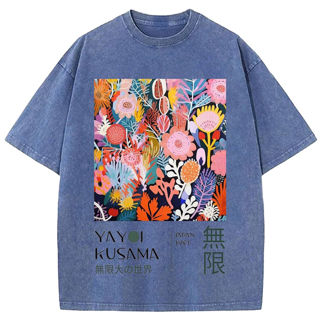 Yayoi Kusama Flowers Vintage Design Washed Crew Neck T-Shirt