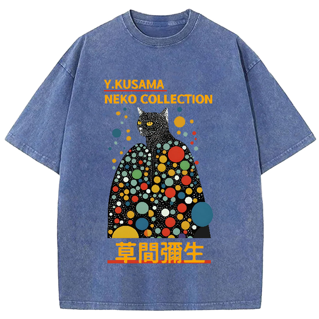 Yayoi Kusama Cat Vintage Japanese Design Washed Crew Neck T-Shirt