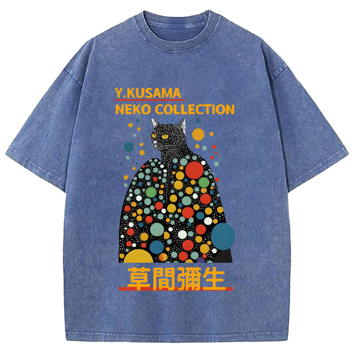Yayoi Kusama Cat Vintage Japanese Design Washed Crew Neck T-Shirt
