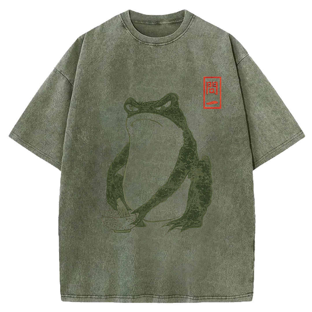 Retro Frog Design Washed Crew Neck T-Shirt