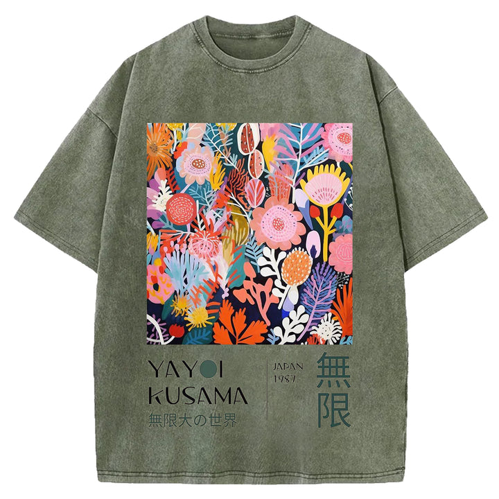 Yayoi Kusama Flowers Vintage Design Washed Crew Neck T-Shirt