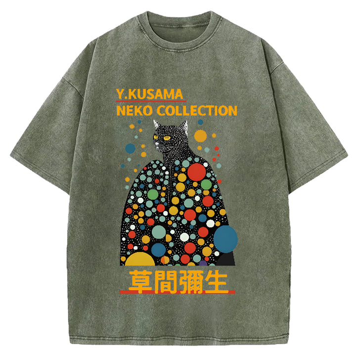 Yayoi Kusama Cat Vintage Japanese Design Washed Crew Neck T-Shirt