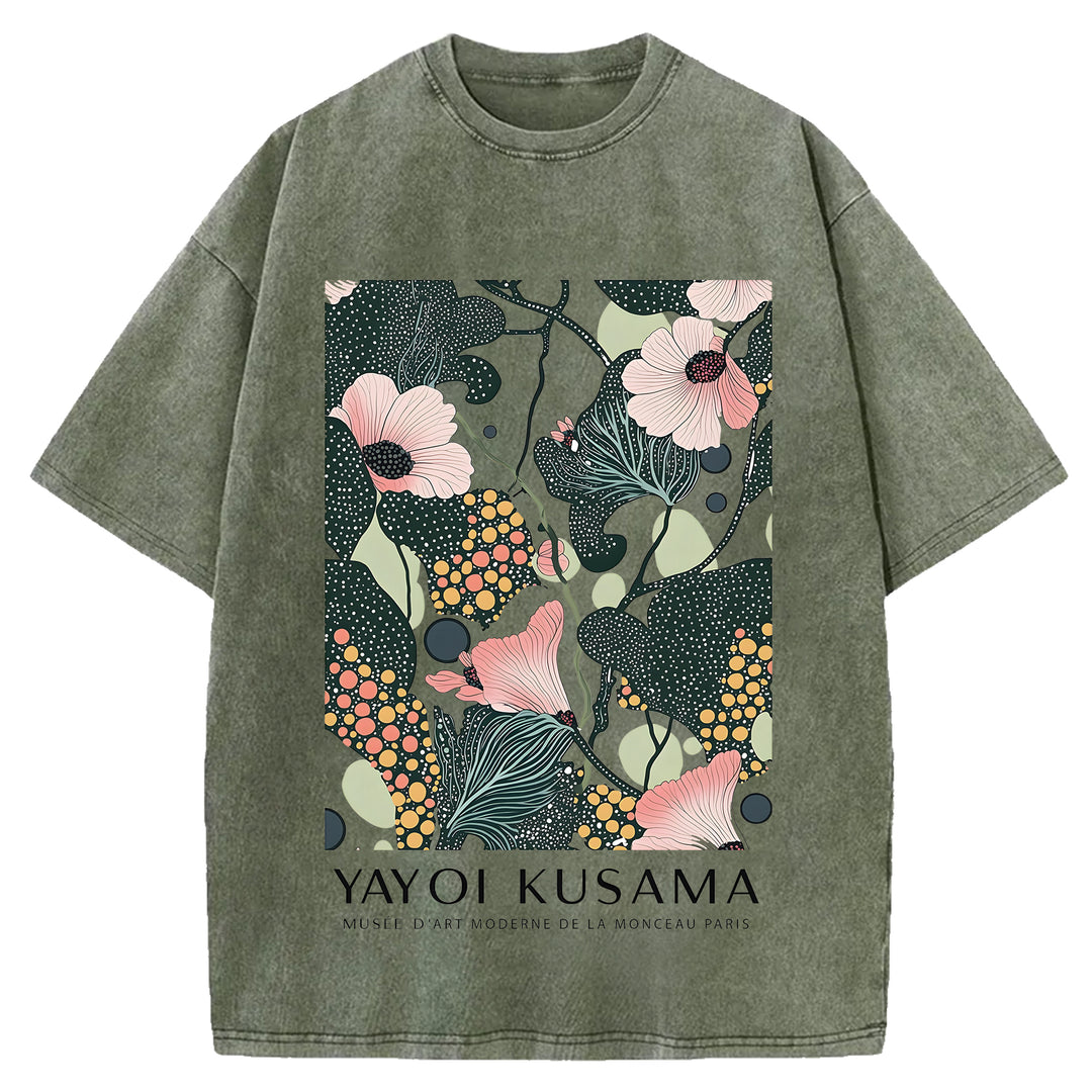 Yayoi Kusama Flower Vintage Design Washed Crew Neck T-Shirt