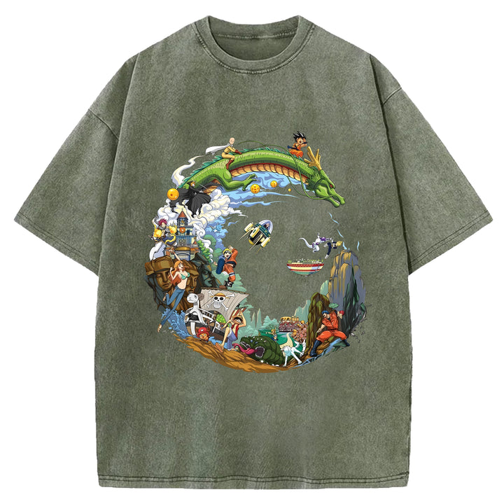 Japanese Anime Collection Washed Crew Neck T-Shirt