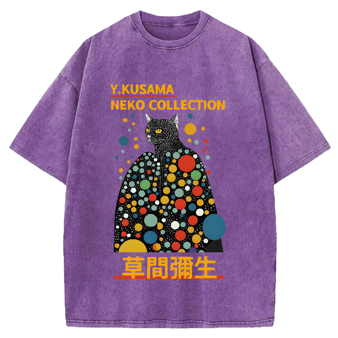 Yayoi Kusama Cat Vintage Japanese Design Washed Crew Neck T-Shirt