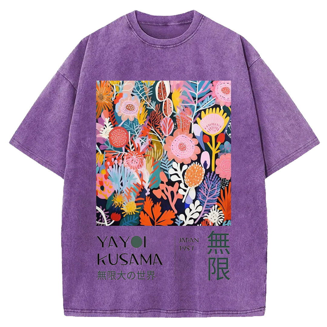 Yayoi Kusama Flowers Vintage Design Washed Crew Neck T-Shirt