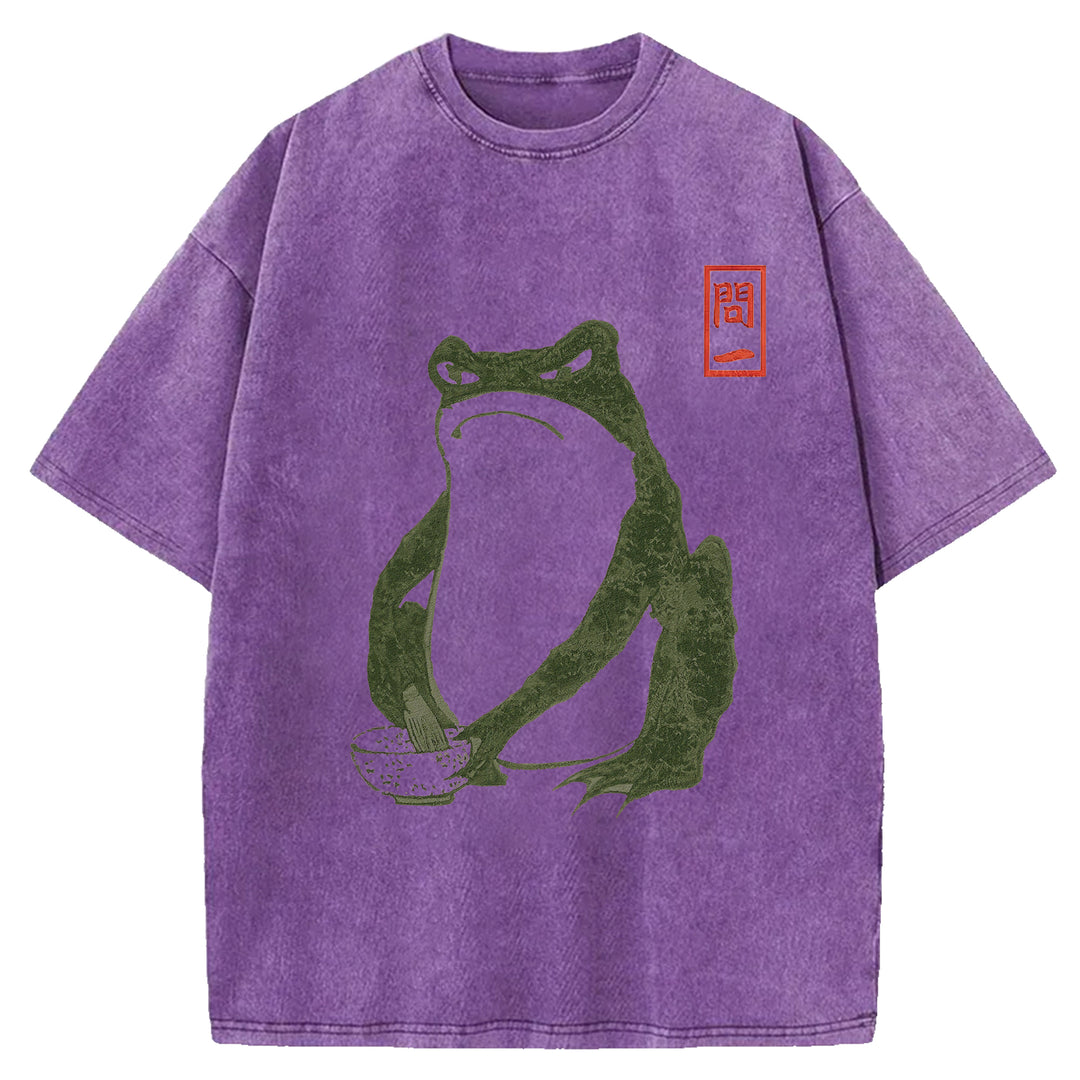 Retro Frog Design Washed Crew Neck T-Shirt